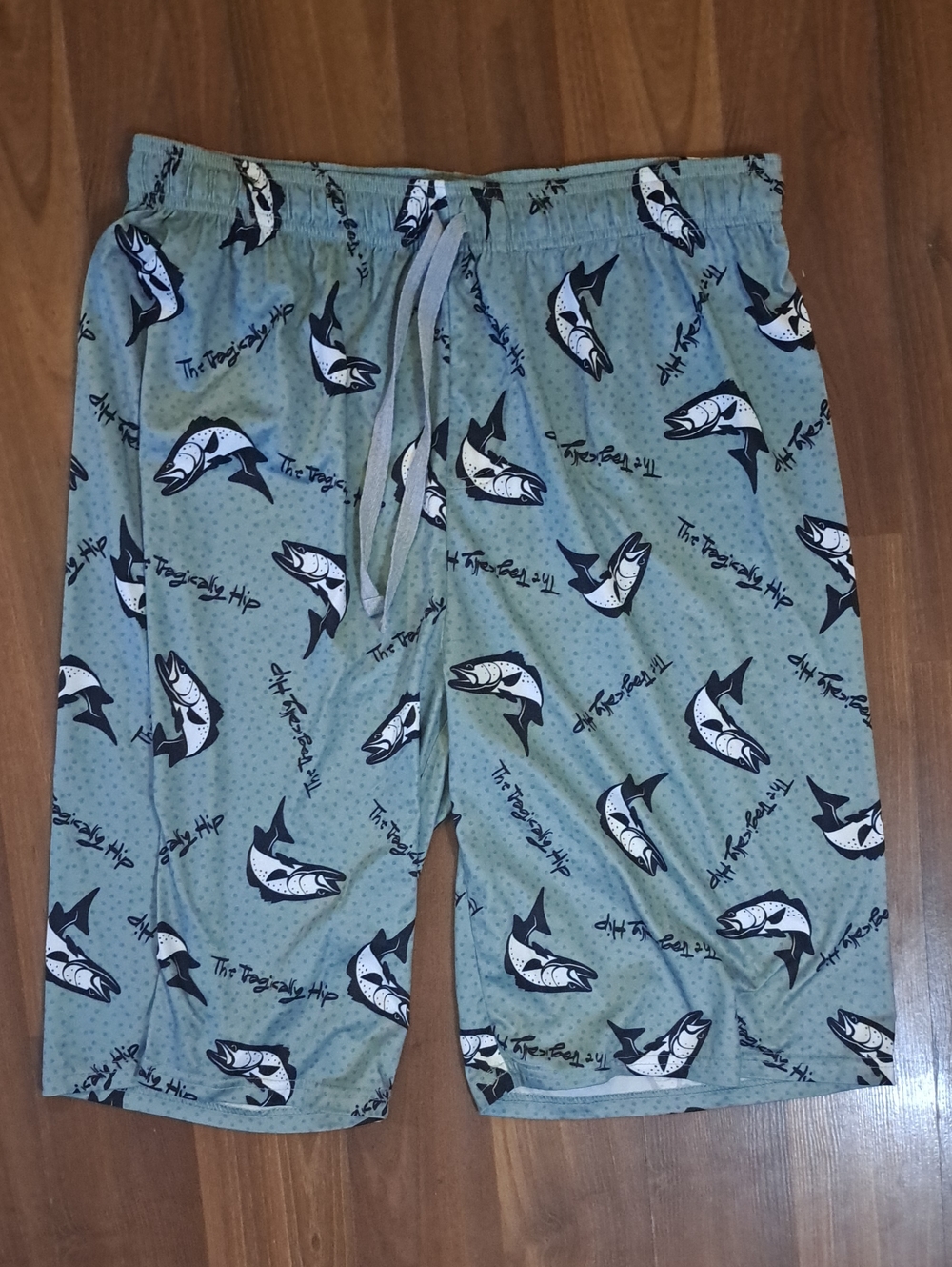 The Tragically Hip. Men's Light Green Shark-Print Board Shorts with Drawstring